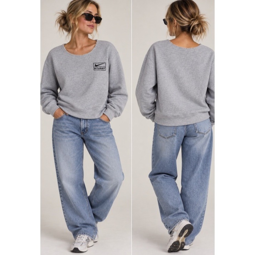 Nike x Stussy Crewneck Sweatshirt Womens XS Grey Fleece DO9337 063